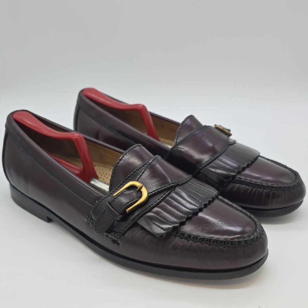 Cole Haan Burgundy Leather Kiltie Loafers with Gold Buckle Accent